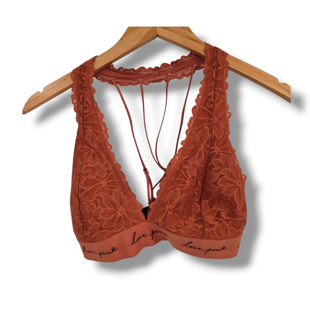 Victoria's Secret PINK Terracotta Rust Floral‎ Lace Strappy Caged Bralette Small